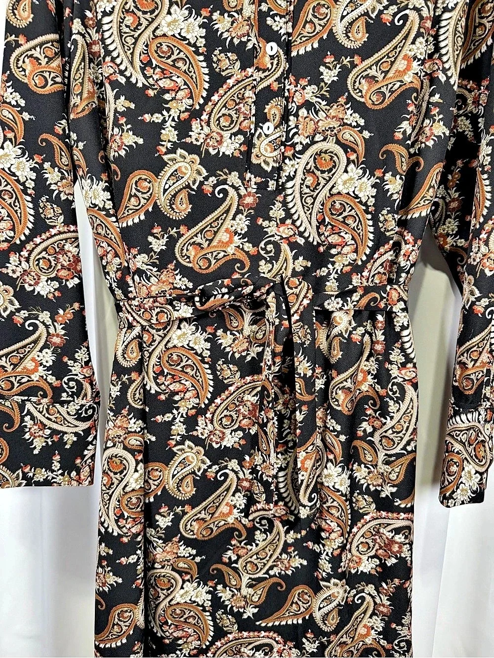 Versona Women’s XL Black Paisley Long Sleeve Belted Shirt Dress Boho